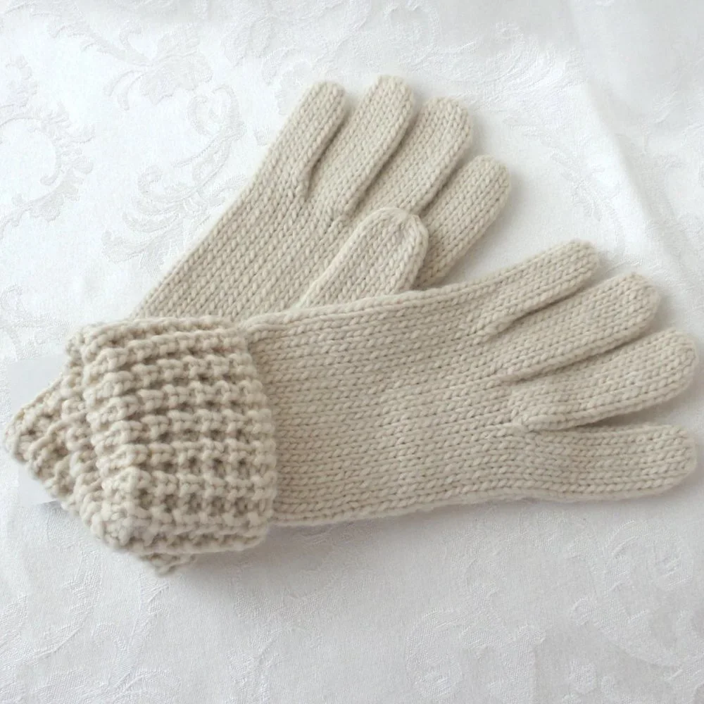 New West Loop Cream Knit Gloves + Hand Knit Purple Magenta Winter Cap Set